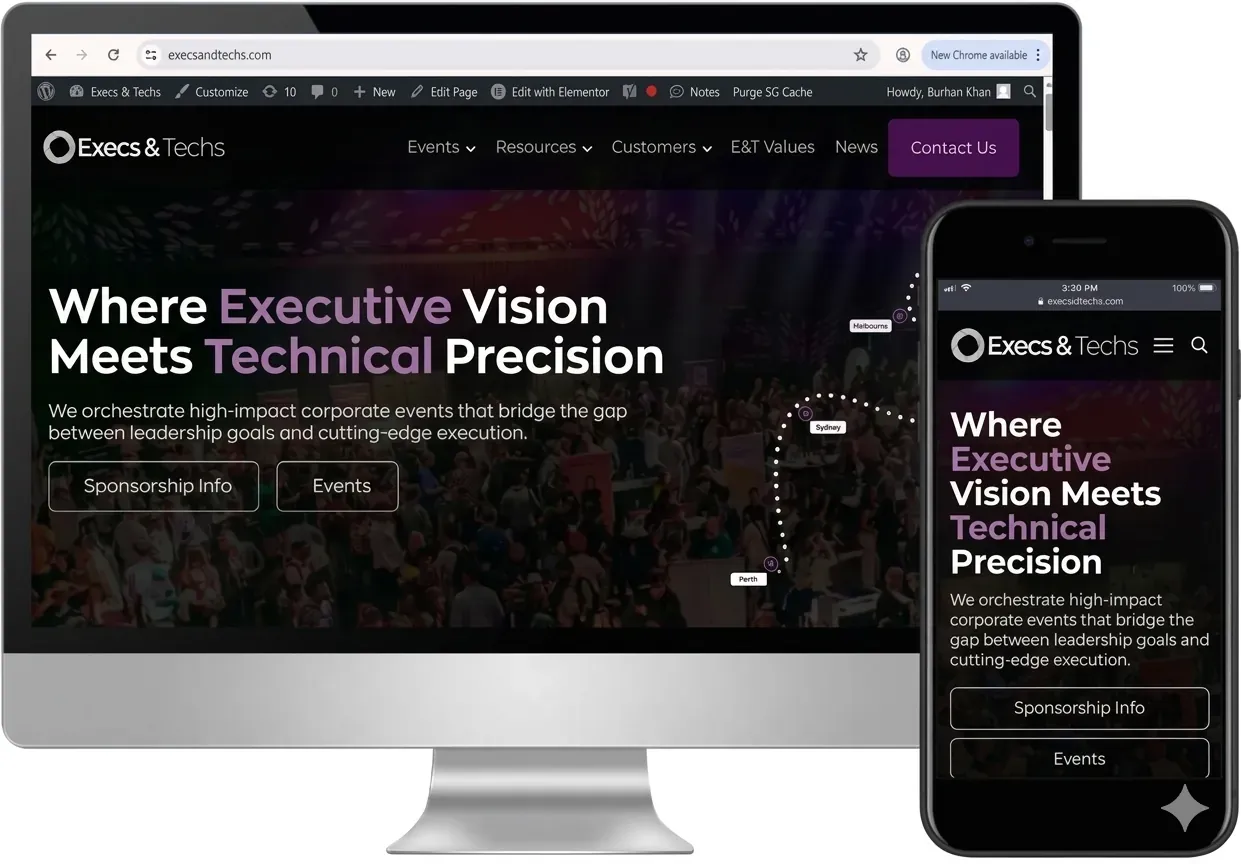 Execs & Techs website shown on desktop and mobile
